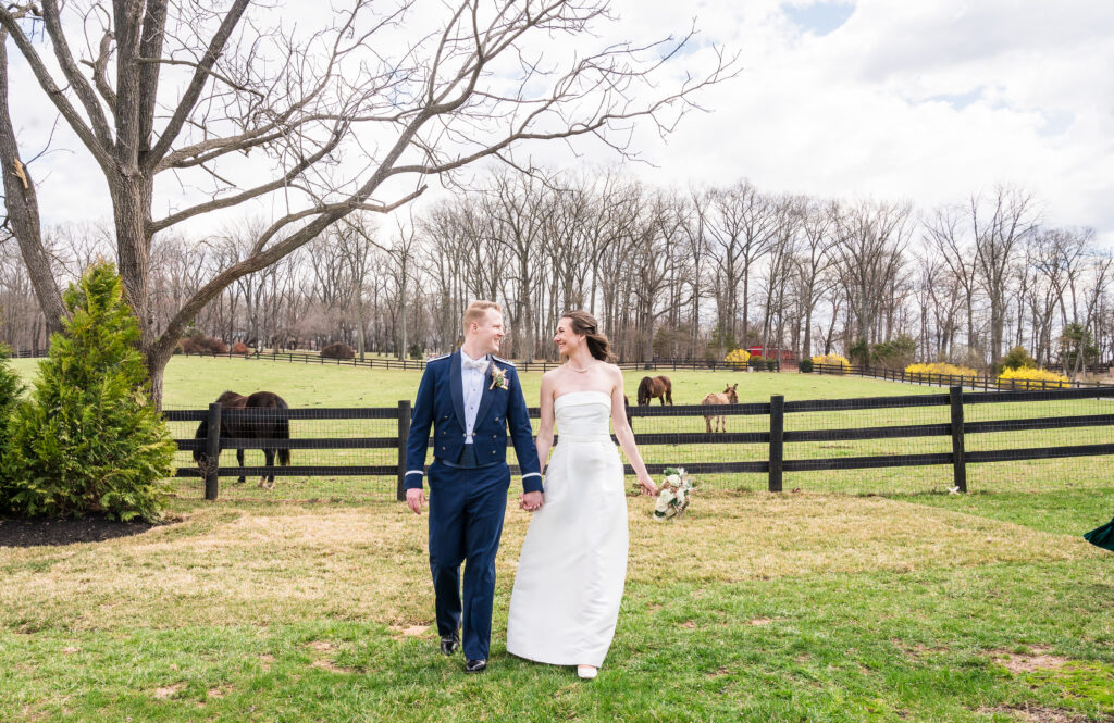 Wedding photos at Halcyon Watson with resident horses in the background.