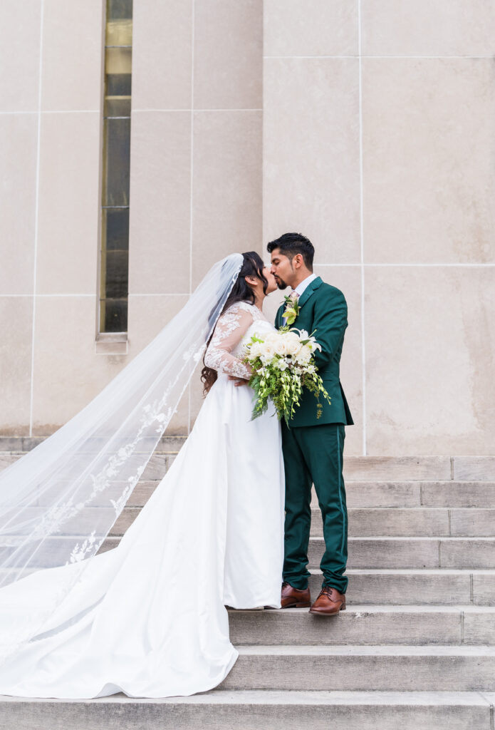 Long lace sleeves on a bridal gown that photograph beautifully