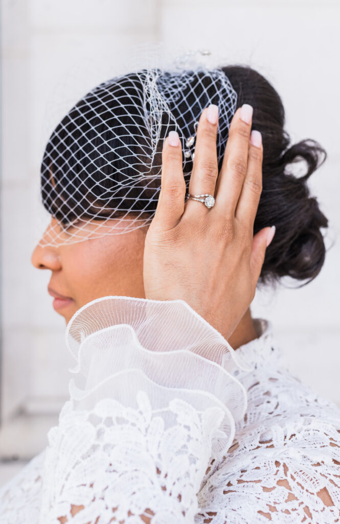 Bride in wedding dress with puffy sleeves