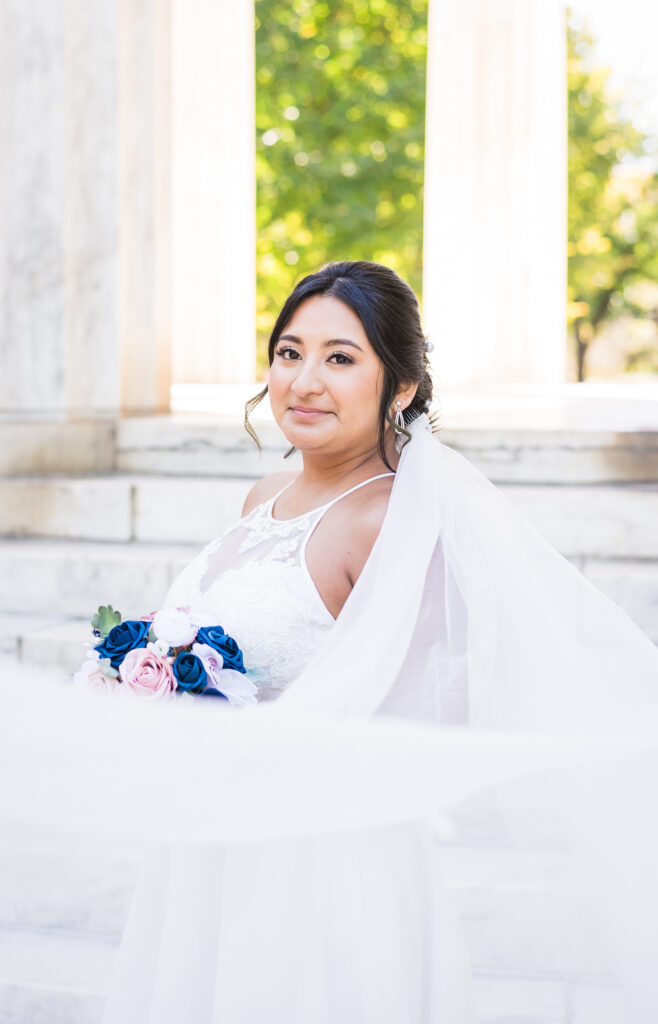 Close-up of unique neckline framing bride's face