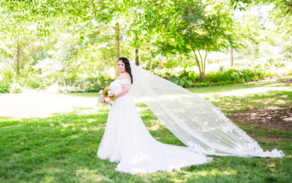 Wide shot of bride with dramatic wedding gown train